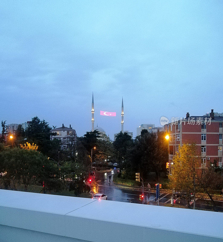 Raining view with Mahya of Istanbul Ataköy